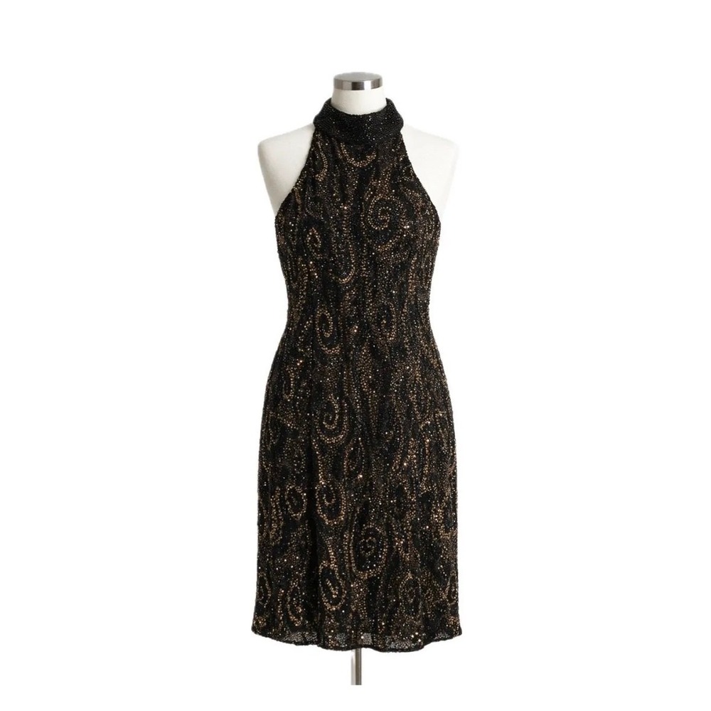 Black Tie Oleg Cassini Beaded Silk Dress Size 12 Gold Sequin Halter Cocktail